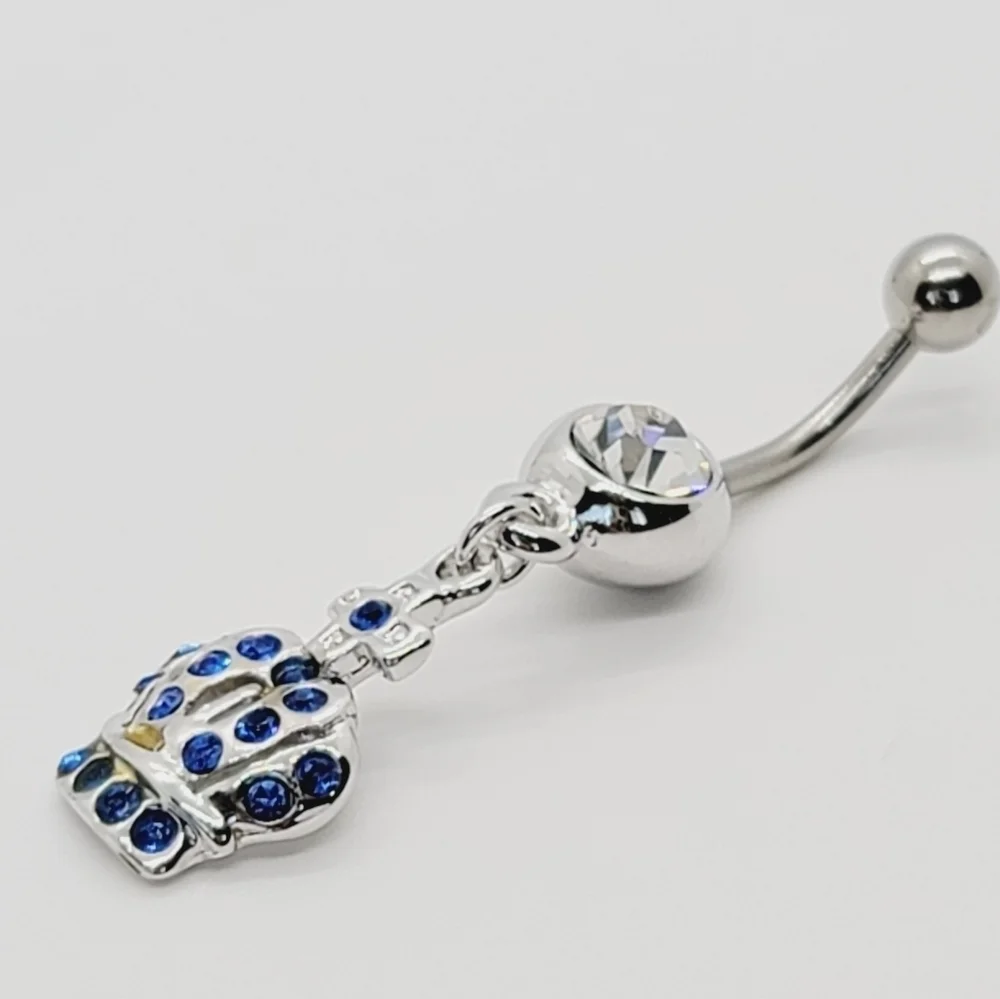 Sterling Silver Belly button Ring blue crown